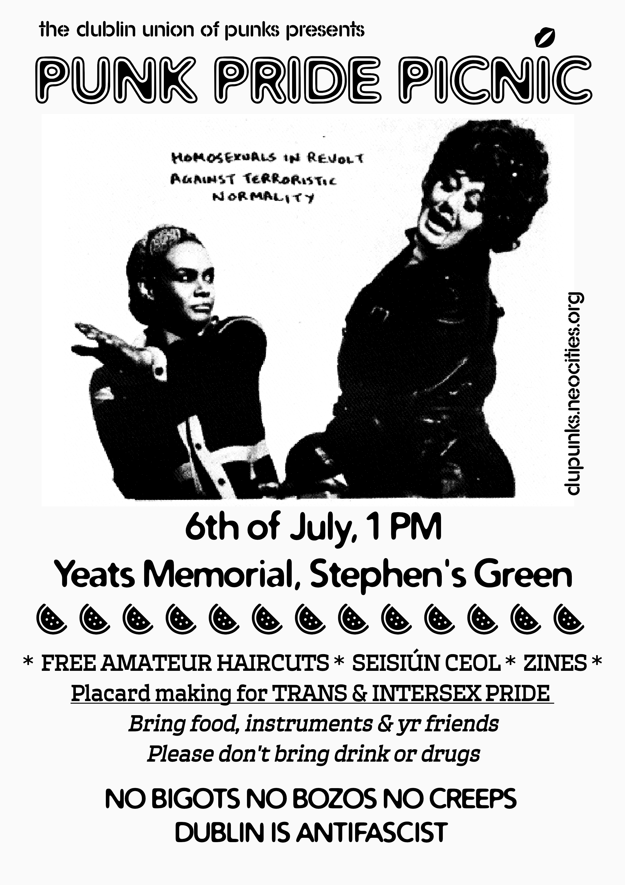 The Dublin Union of Punks presents Punk Pride Picnic. Homosexuals in revolt against terroristic normality. 6th of July, 1pm, Yeats Memorial, Stephen's Green.